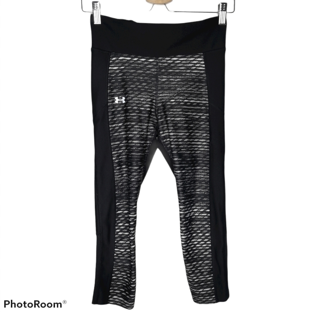 *Under Armour Black Graphic Print Leggings Mesh Cut Out Workout Cropped Small